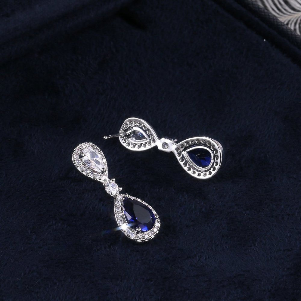 NEW Silver Blue Teardrop Sapphire Diamond Earrings - Picture 6 of 7